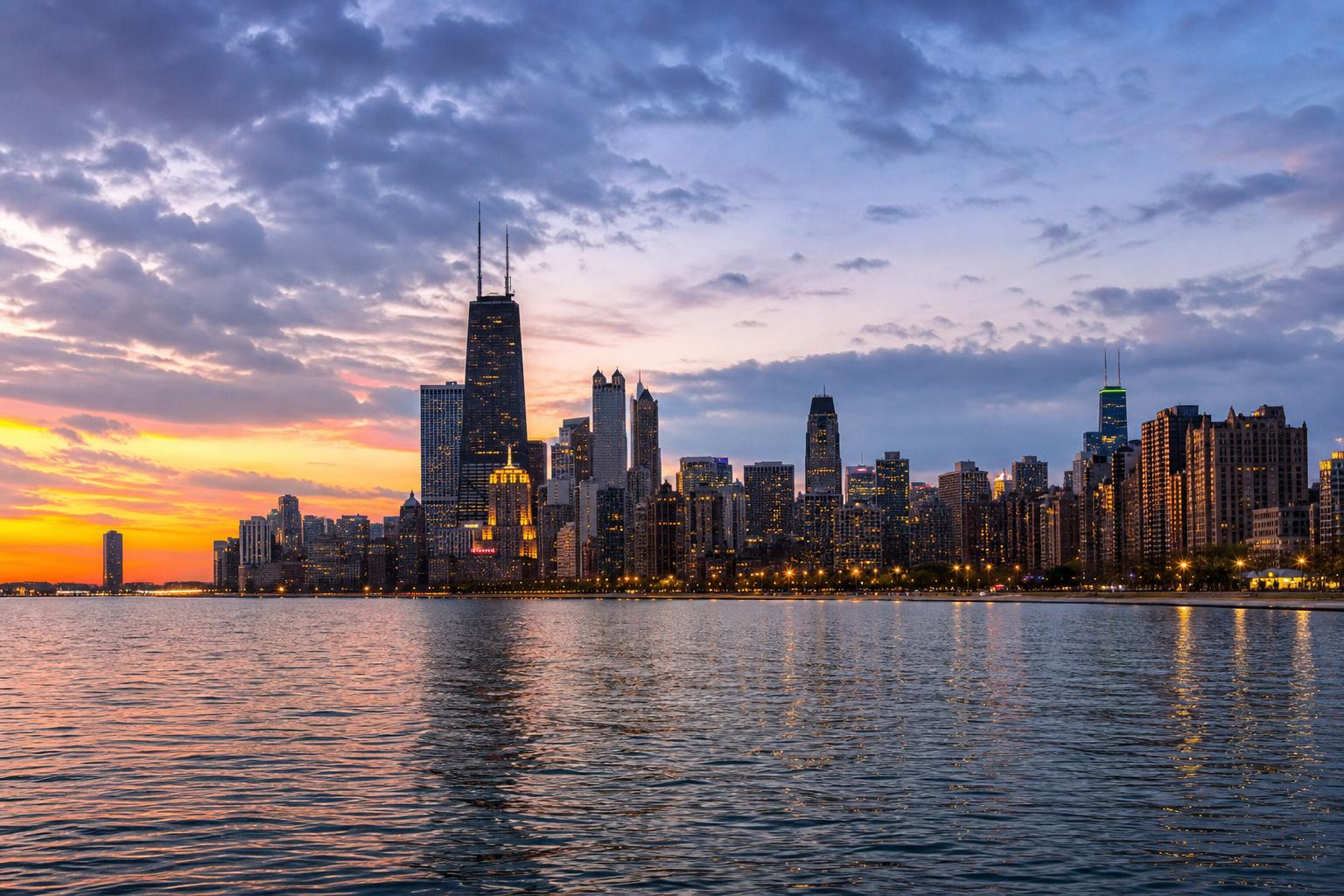 Chicago skyline at dusk over Lake Michigan